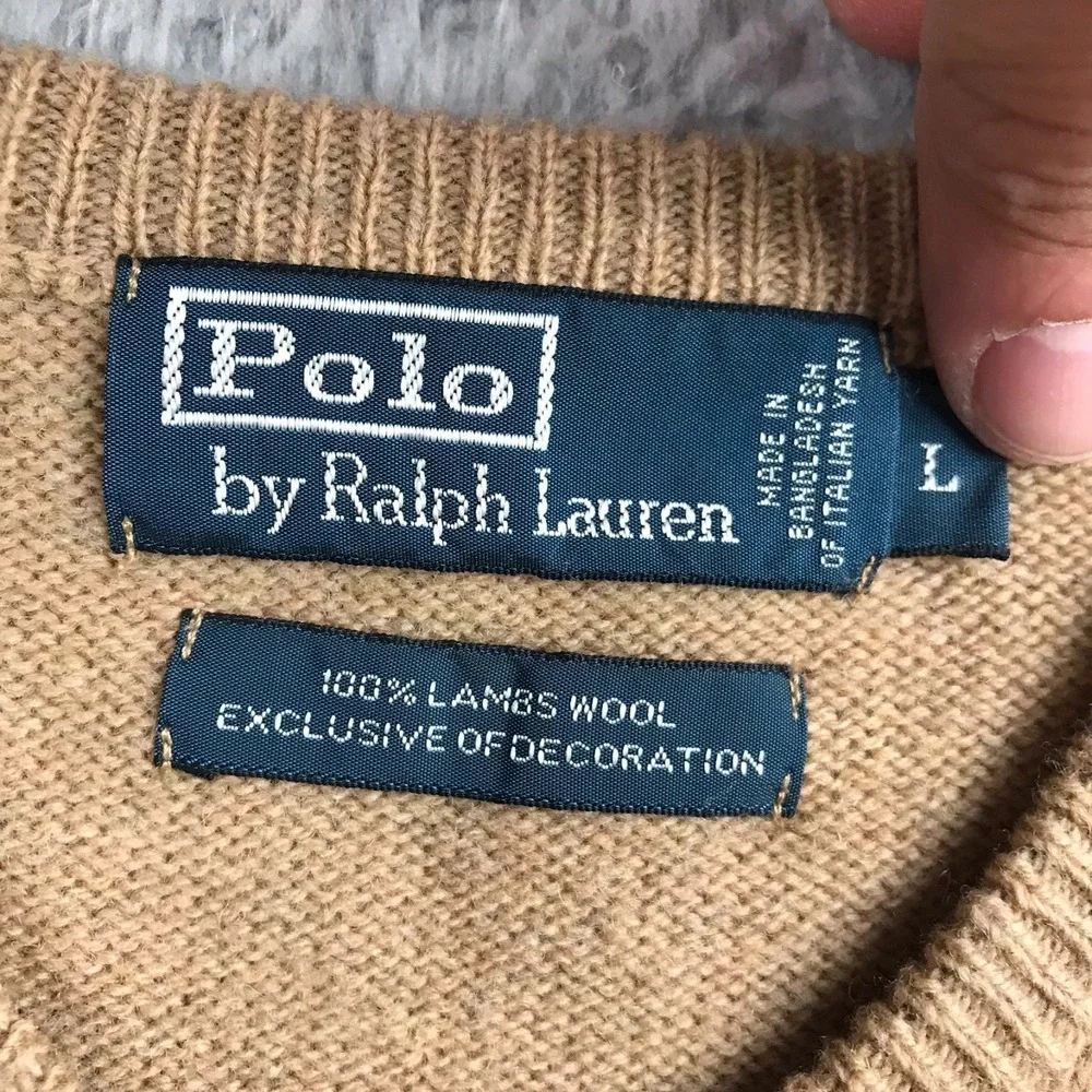 Polo Ralph Lauren Sweater Mens L Tan 100% Lambswool Knit V Neck Pullover